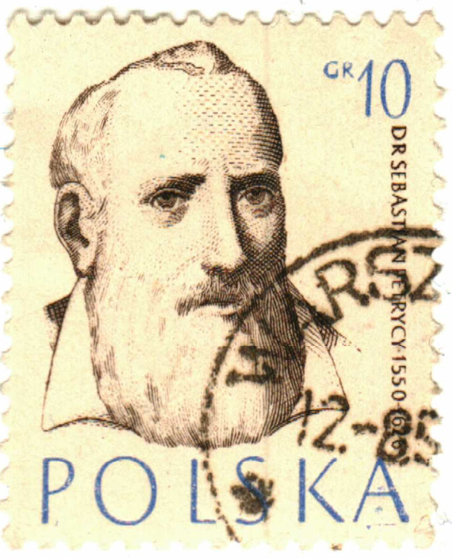 A 10 groszy stamp with the bearded Dr. Sebastian Petrycy